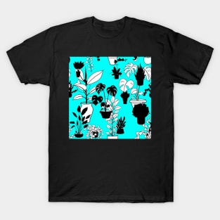 Aqua and Black Pot Plants T-Shirt